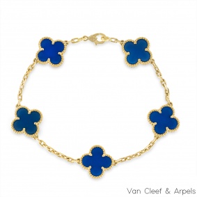 Van Cleef & Arpels Yellow Gold Blue Agate Vintage Alhambra 5 Motif Bracelet VCARP34900